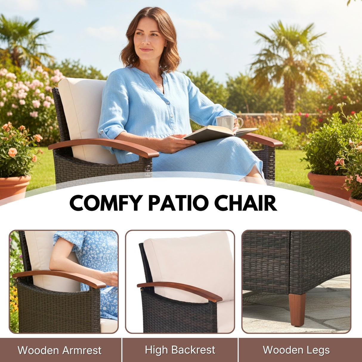 3-Piece Outdoor Wicker Patio Conversation Set (Dark Brown & Cream)