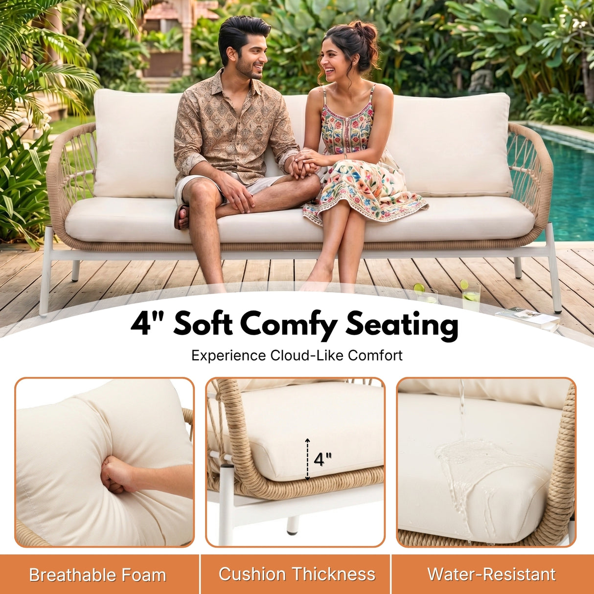 Outdoor 5 Seater Rope Conversation Sofa Set (Beige & Cream)