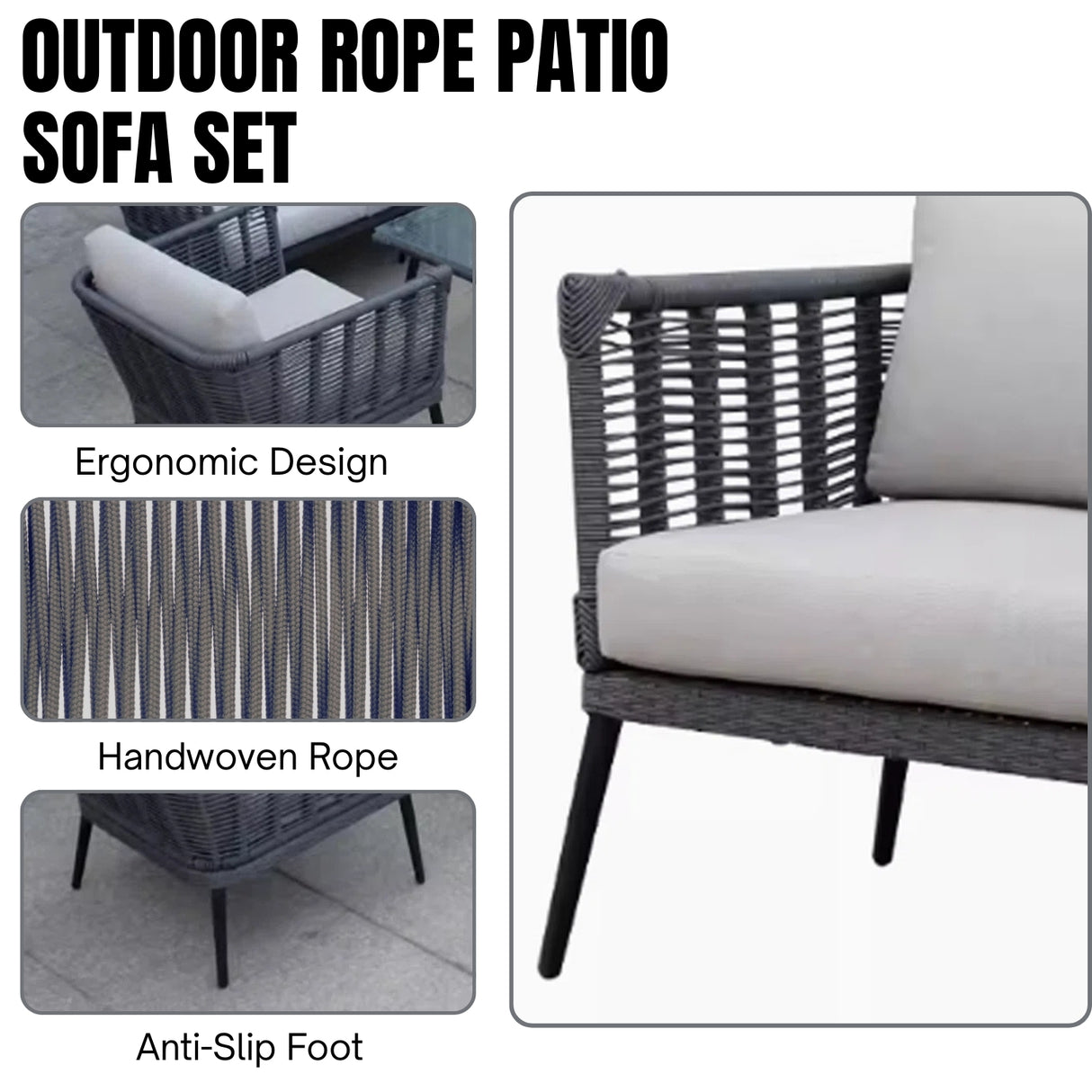 Outdoor Grey Rope 7-Seater Sofa Set With Glass Top Table