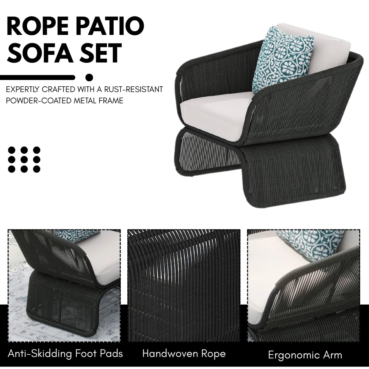 Outdoor Braided Rope Sofa Set With 2-Tier Glass Top Table