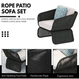 Outdoor Braided Rope Sofa Set With 2-Tier Glass Top Table