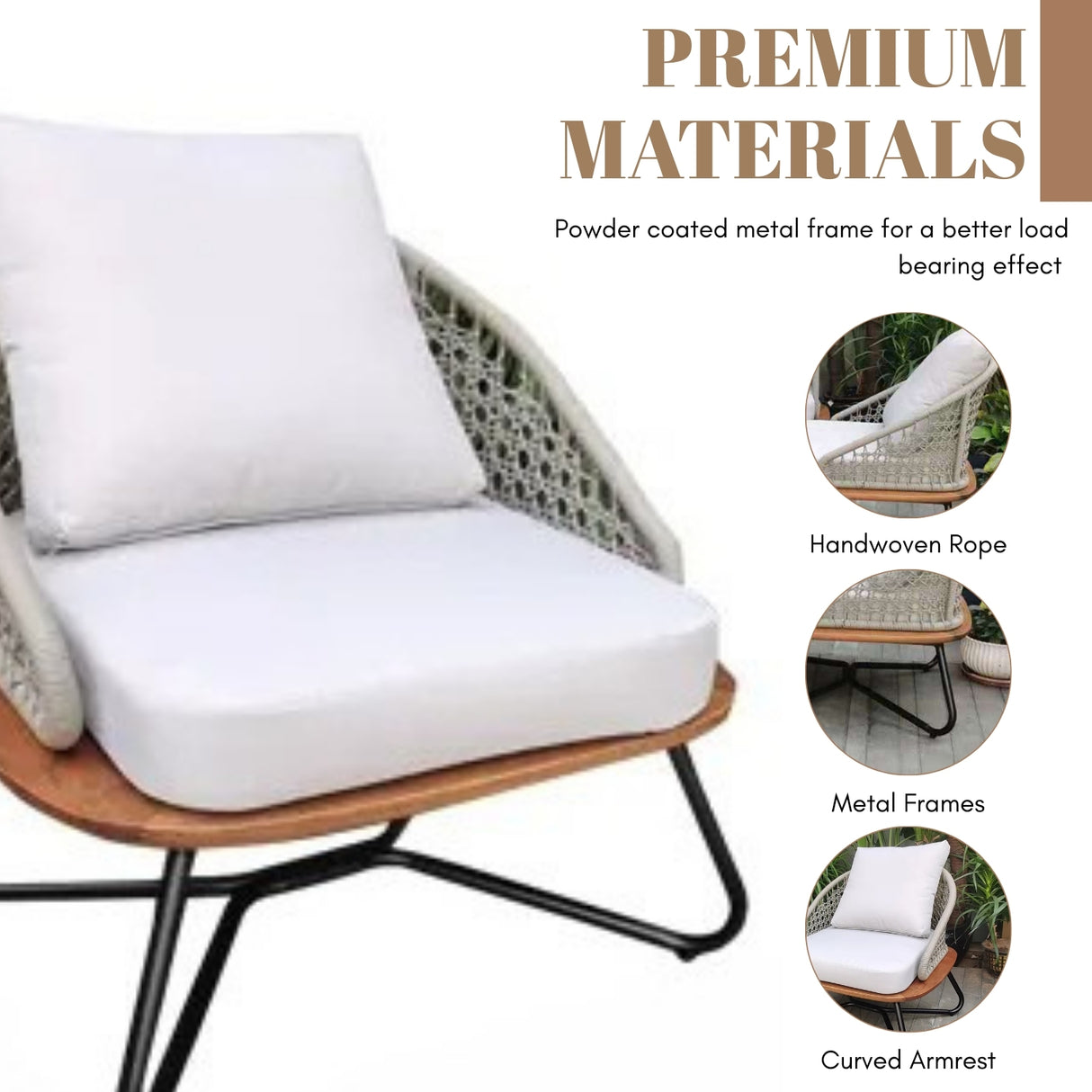 Outdoor Rope 3-Piece Patio Set With Wooden Top Table