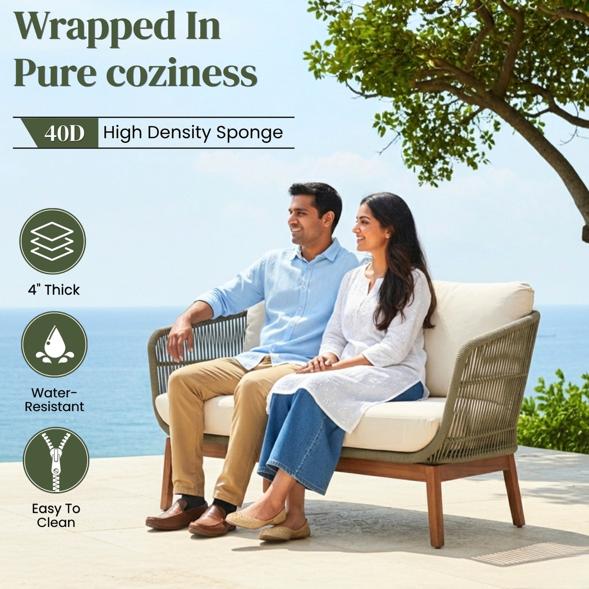 Outdoor Rope 4-Piece Patio Sofa Set with Wooden Legs & Coffee Table