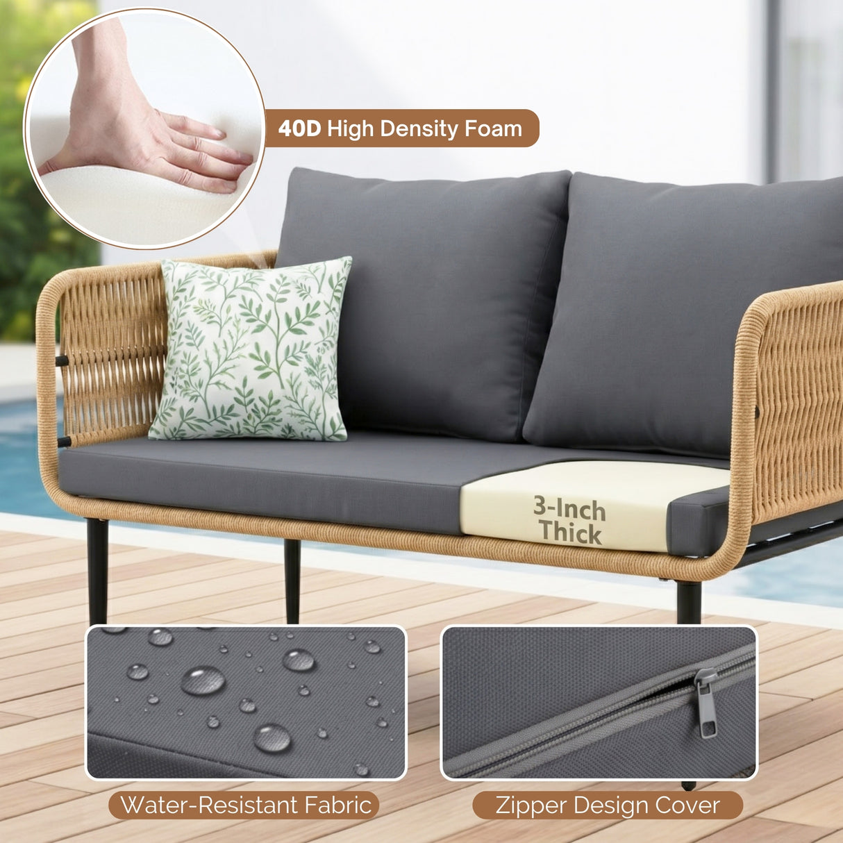 Outdoor Rope 4 Seater Conversation Furniture Set (Beige & Dark Grey)