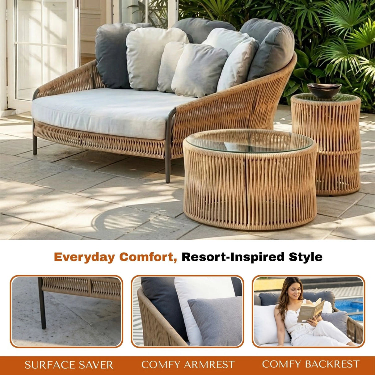 Outdoor Patio Rope Daybed With Center and Side Tables