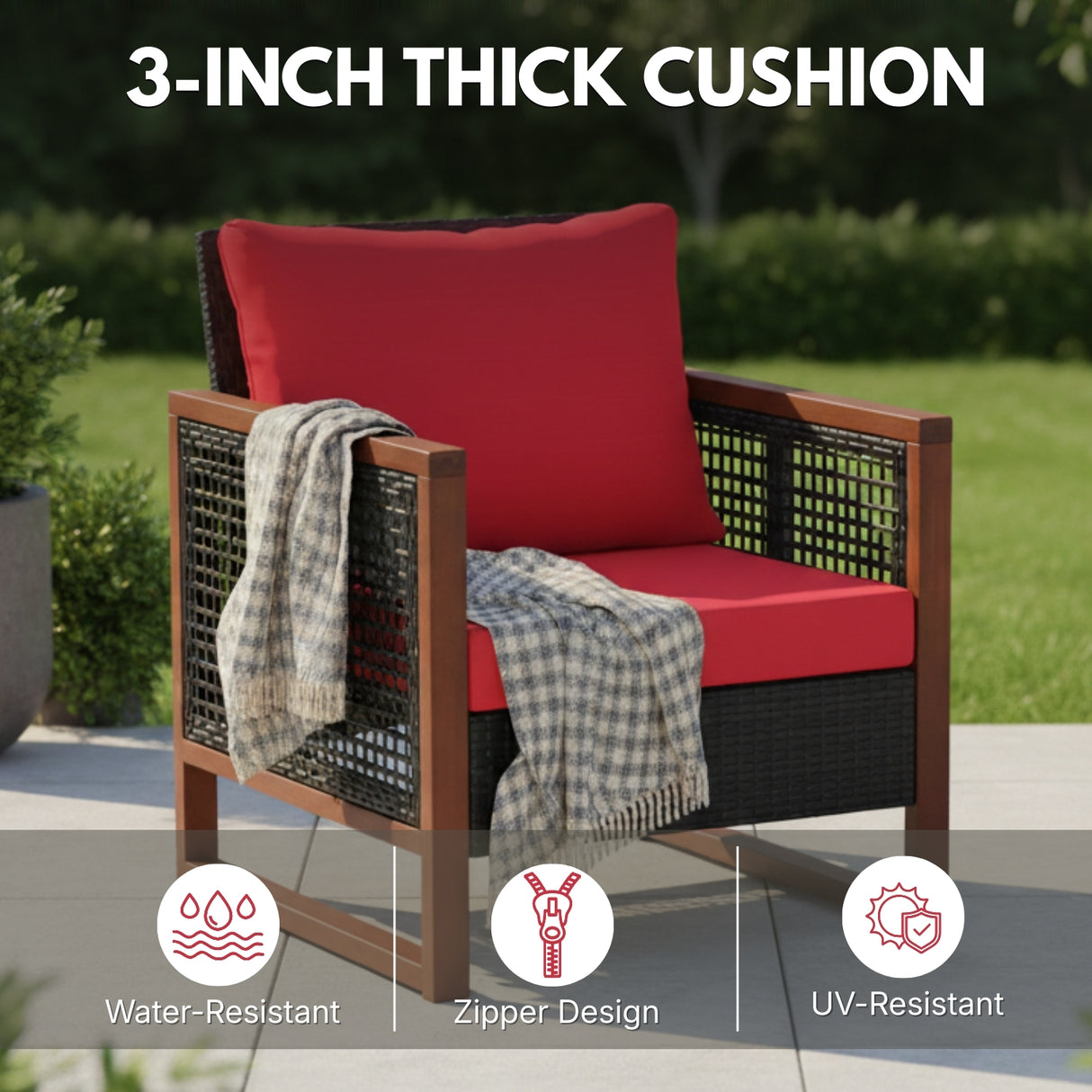 Outdoor Wicker 3-Piece Patio Furniture Set with Solid Wooden Frames (Dark Brown & Red)
