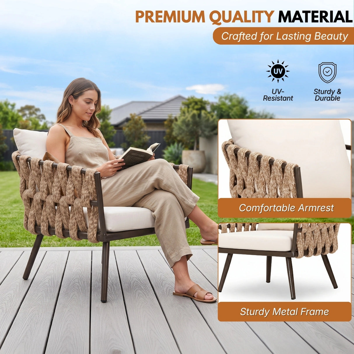 4-Piece Outdoor Rope Sofa Set With Glass Top Table (Beige & Off-White)