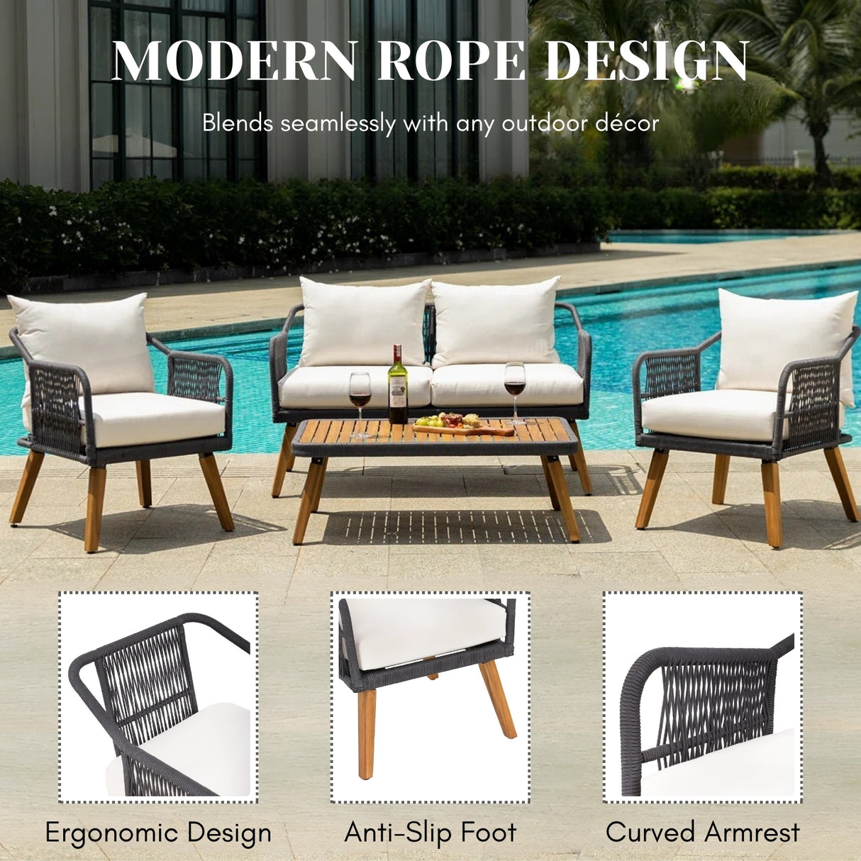 4-Piece Outdoor Rope Patio Furniture Set with Wood-Top Table