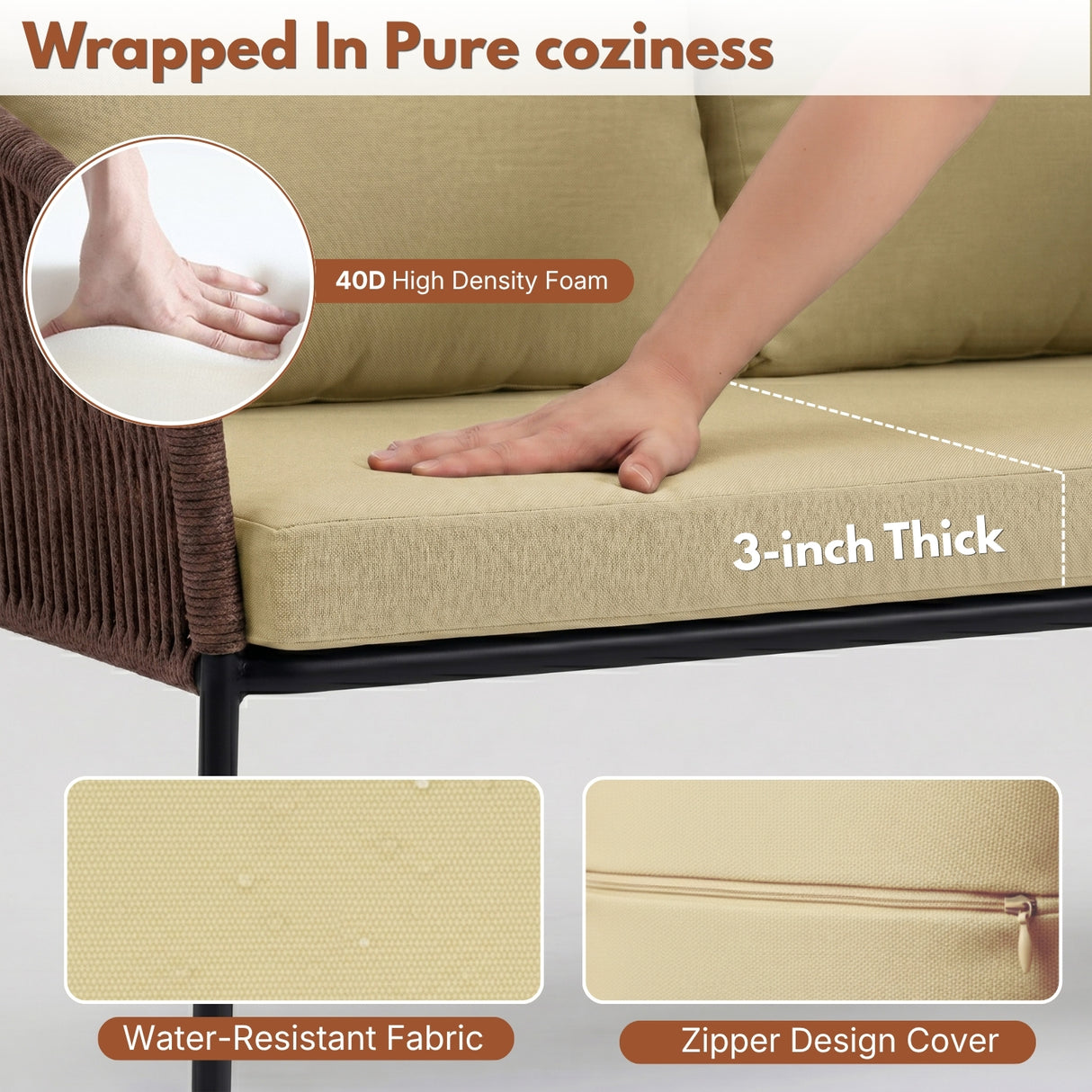 Outdoor 4 Seater Rope Conversation Sofa Set (Brown & Cream)