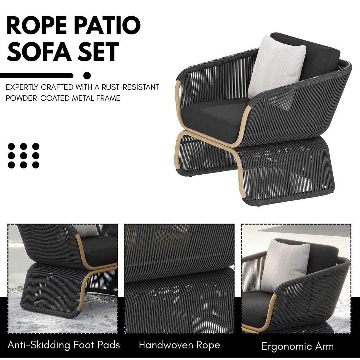 Outdoor Braided Rope Sofa Set With 2-Tier Glass Top Table