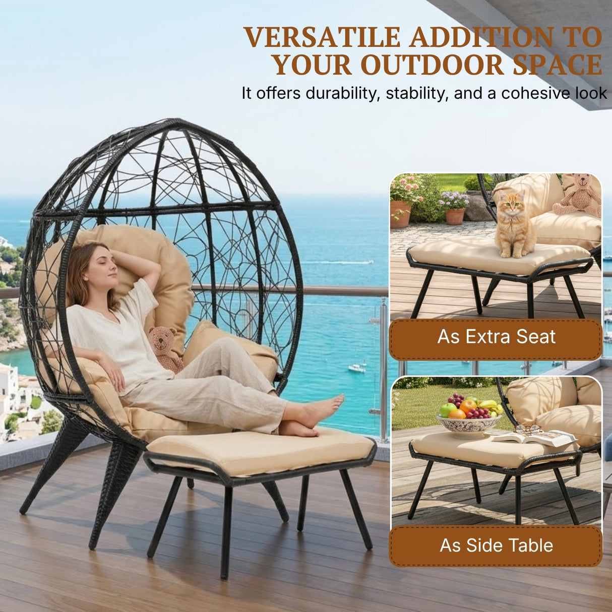Outdoor Wicker Egg Chair with Ottoman (Black & Beige)