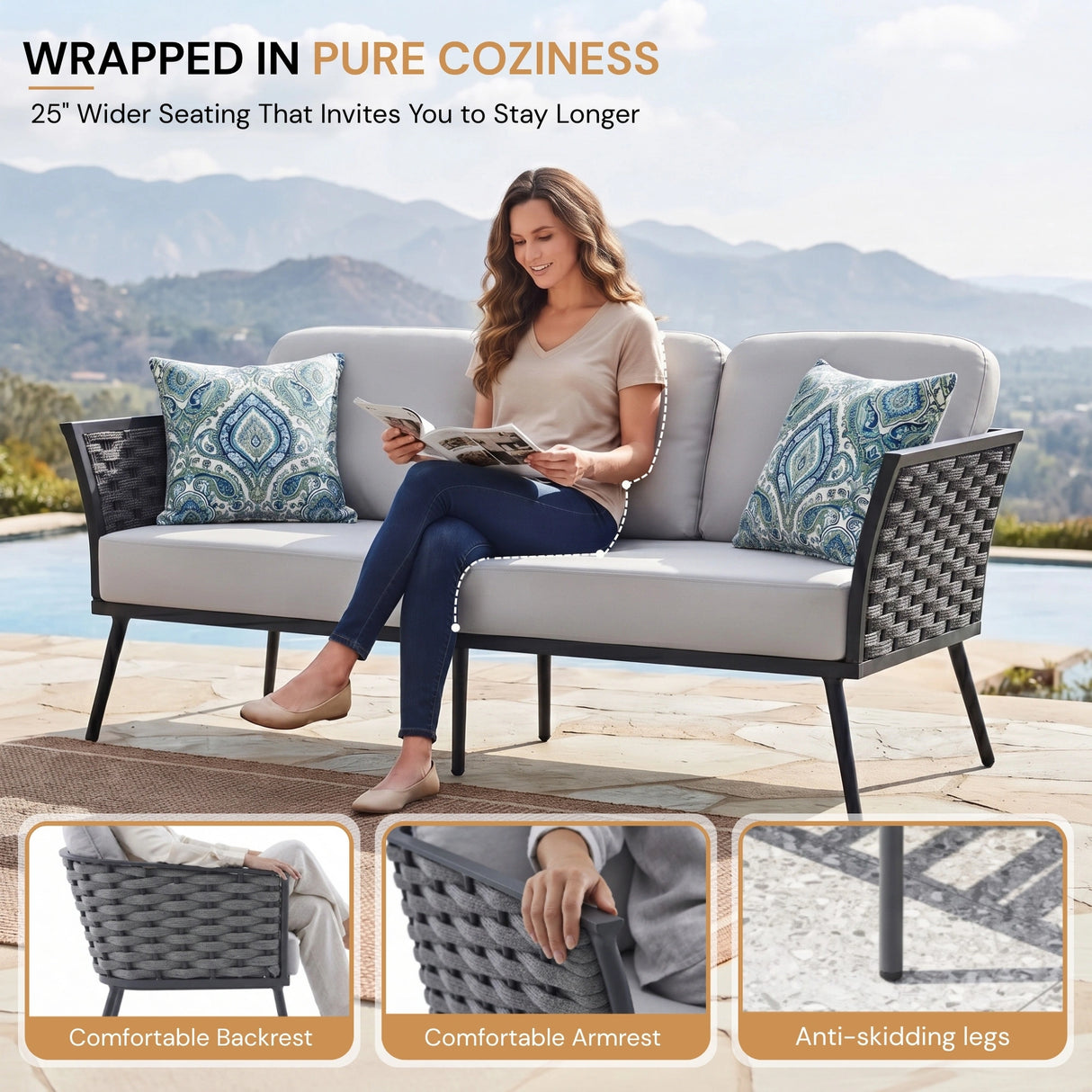 4 Piece Outdoor Rope Sofa Set with Wooden Top Table