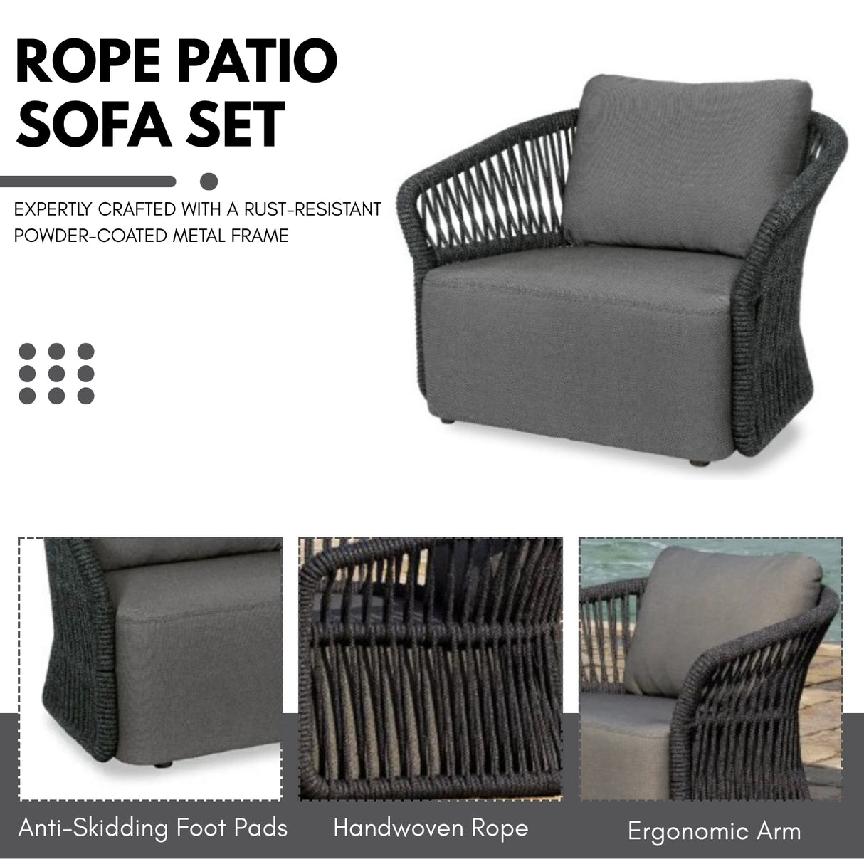 4-Piece Outdoor Braid & Rope Sofa Set (Grey)