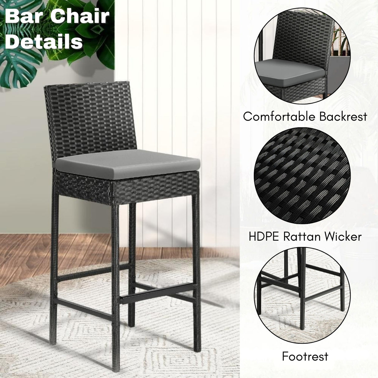 5-Piece Outdoor Rattan Wicker Bar Set with Glass Top Table