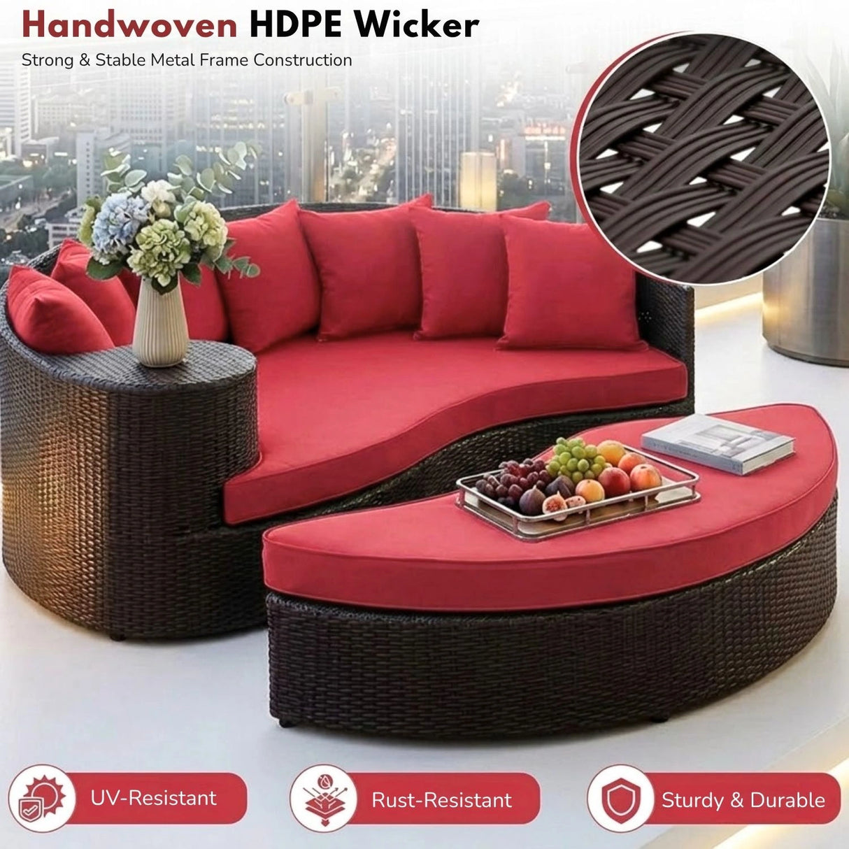 Outdoor Rattan Wicker Daybed (Dark Brown & Red)