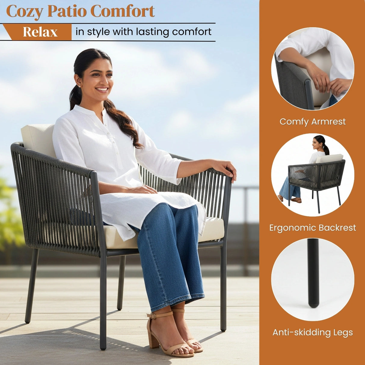 Outdoor Rope Patio Set with Glass Top Table