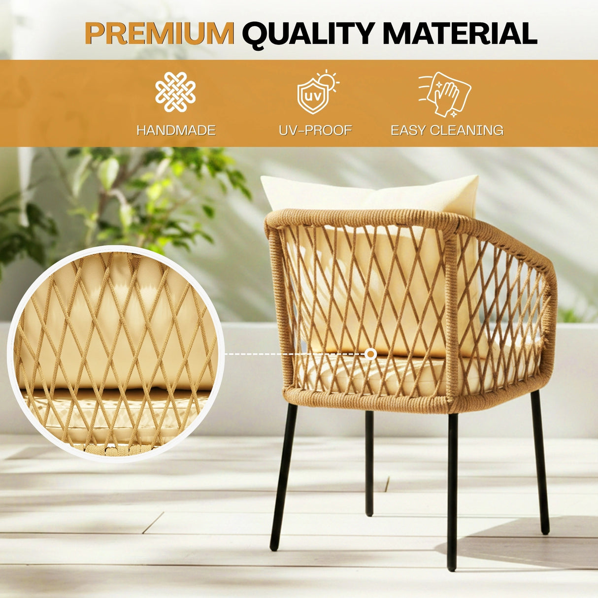 Outdoor Rope 4-Seater Sofa Set with Glass Top Table (Beige & Cream)