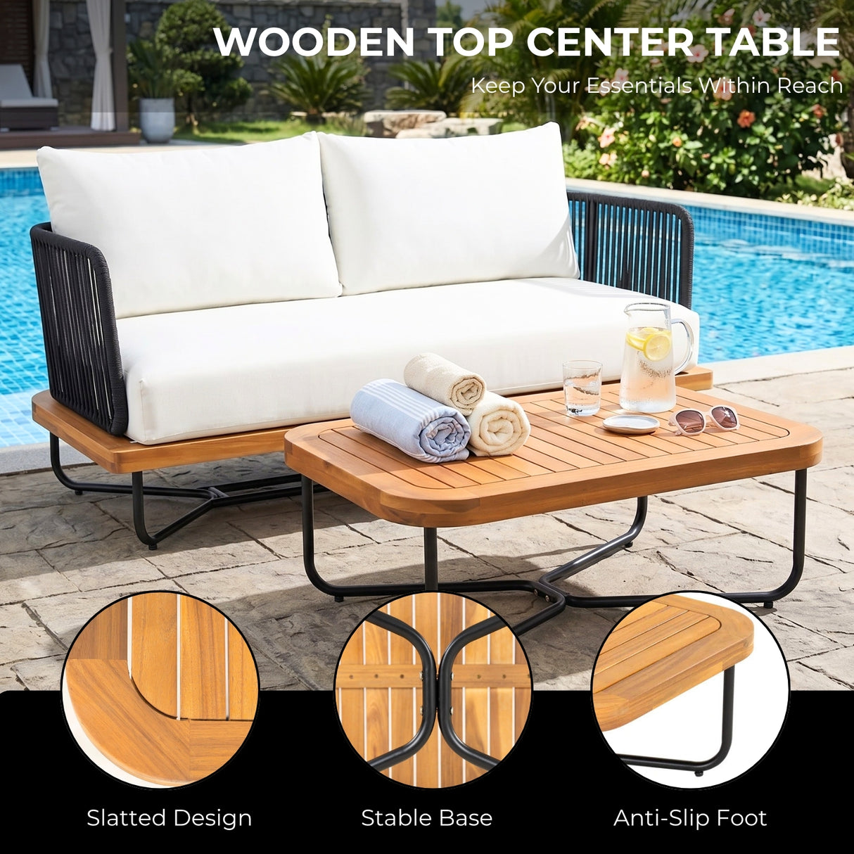Outdoor Rope 2-Seater Sofa Set with Wooden Base & Slatted Wooden Coffee Table