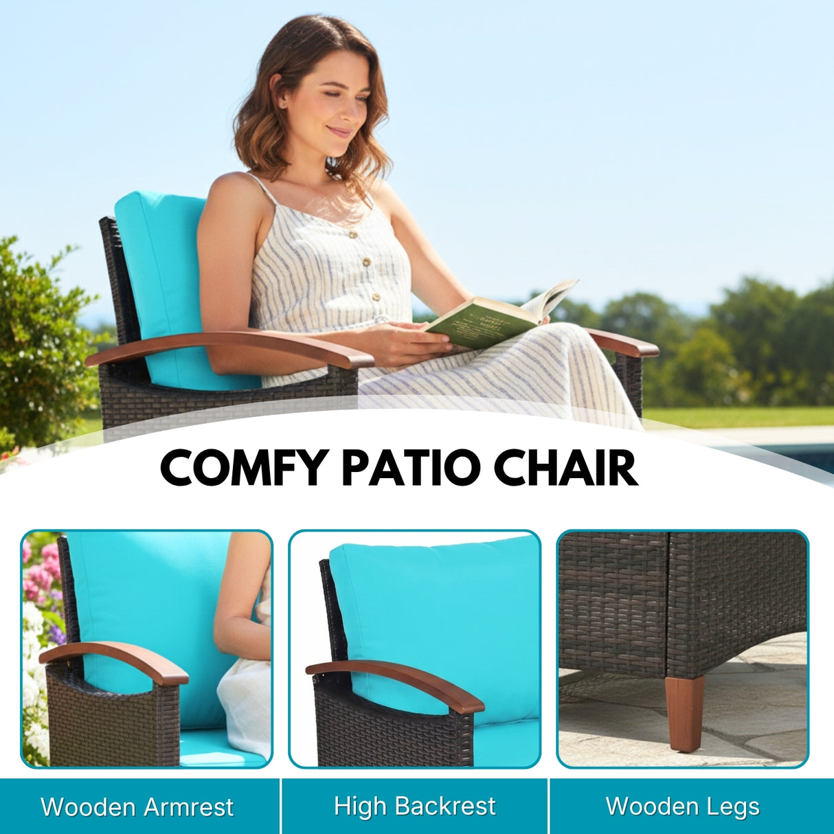 3-Piece Outdoor Wicker Patio Conversation Set (Dark Brown & Sky-Blue)
