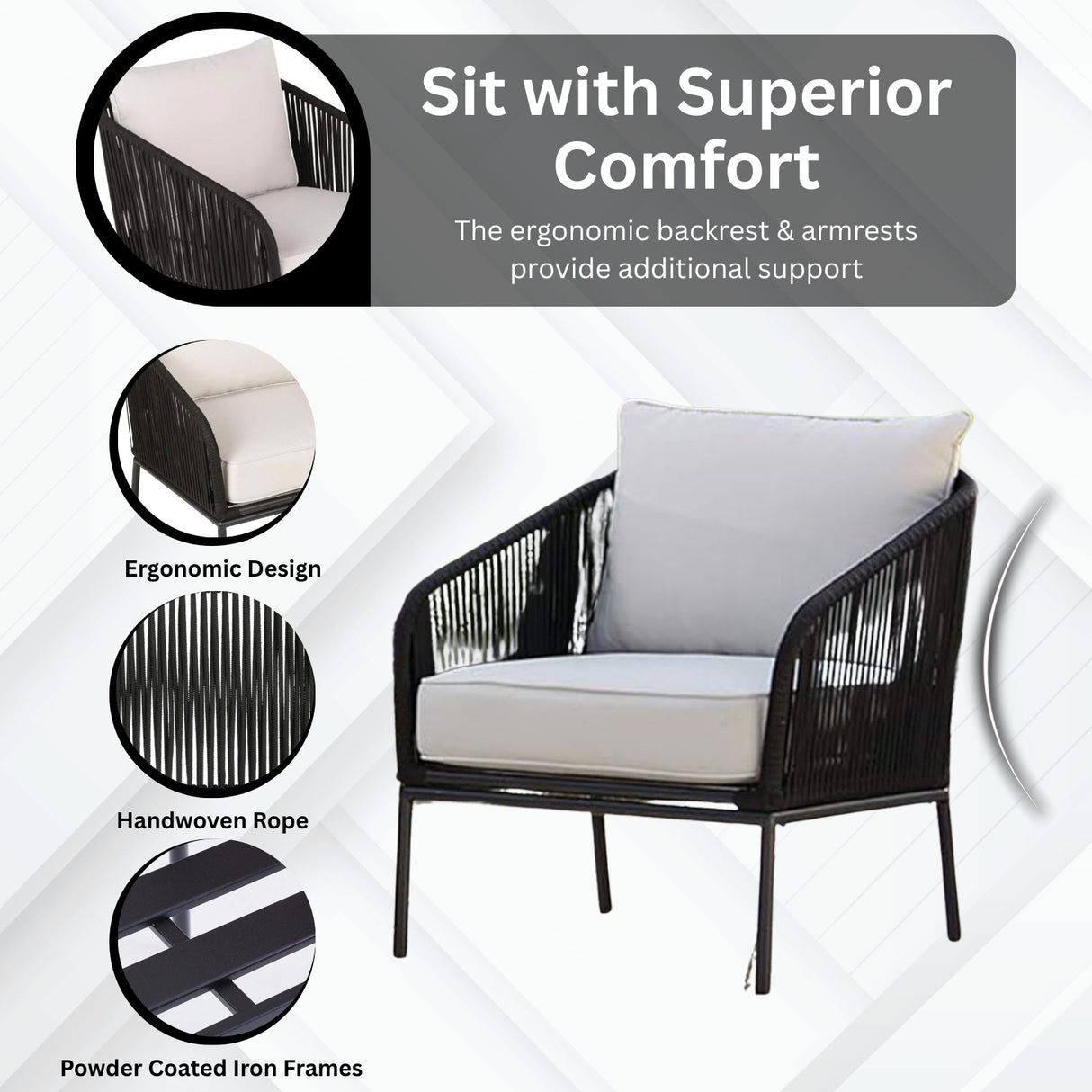 3 Piece Outdoor Rope Bistro Set (Black & White)