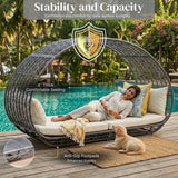 Outdoor Rattan Wicker Daybed with Oval-Shaped Canopy Frame (Silver Grey & Off-White)