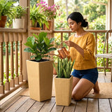 2-Piece Outdoor Rattan Wicker Tall Square Planters (Beige)