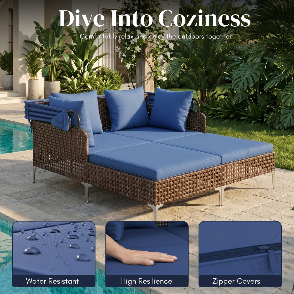 Luxury Outdoor Rattan Wicker Daybed with Canopy & Cushions