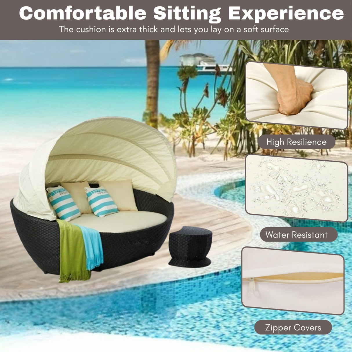 Outdoor All-Weather Wicker Patio Daybed with Retractable Canopy