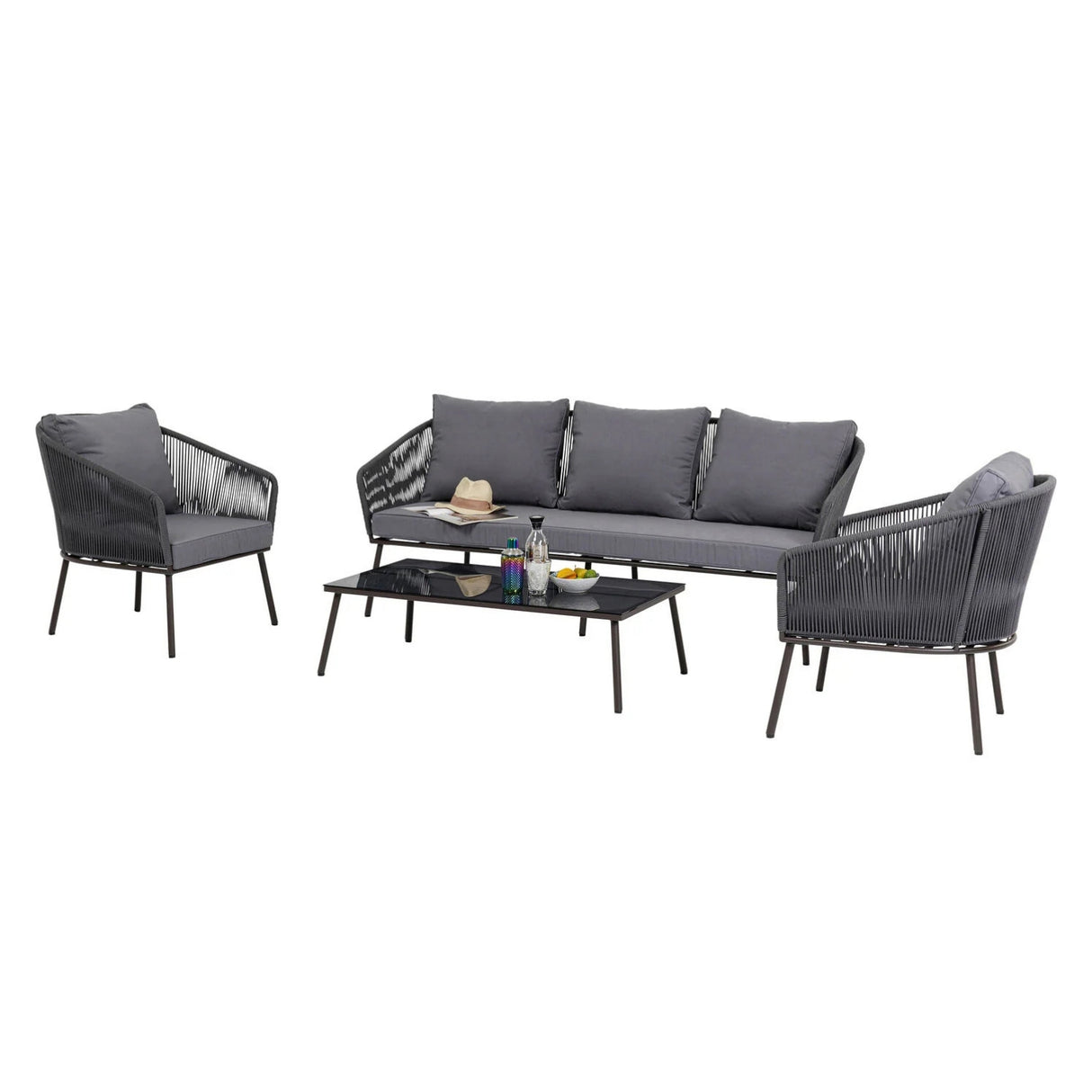 Outdoor Rope 5-Seater Patio Sofa Set with Glass Top Table (Grey)