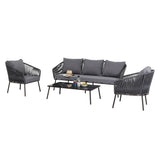 Outdoor Rope 5-Seater Patio Sofa Set with Glass Top Table (Grey)