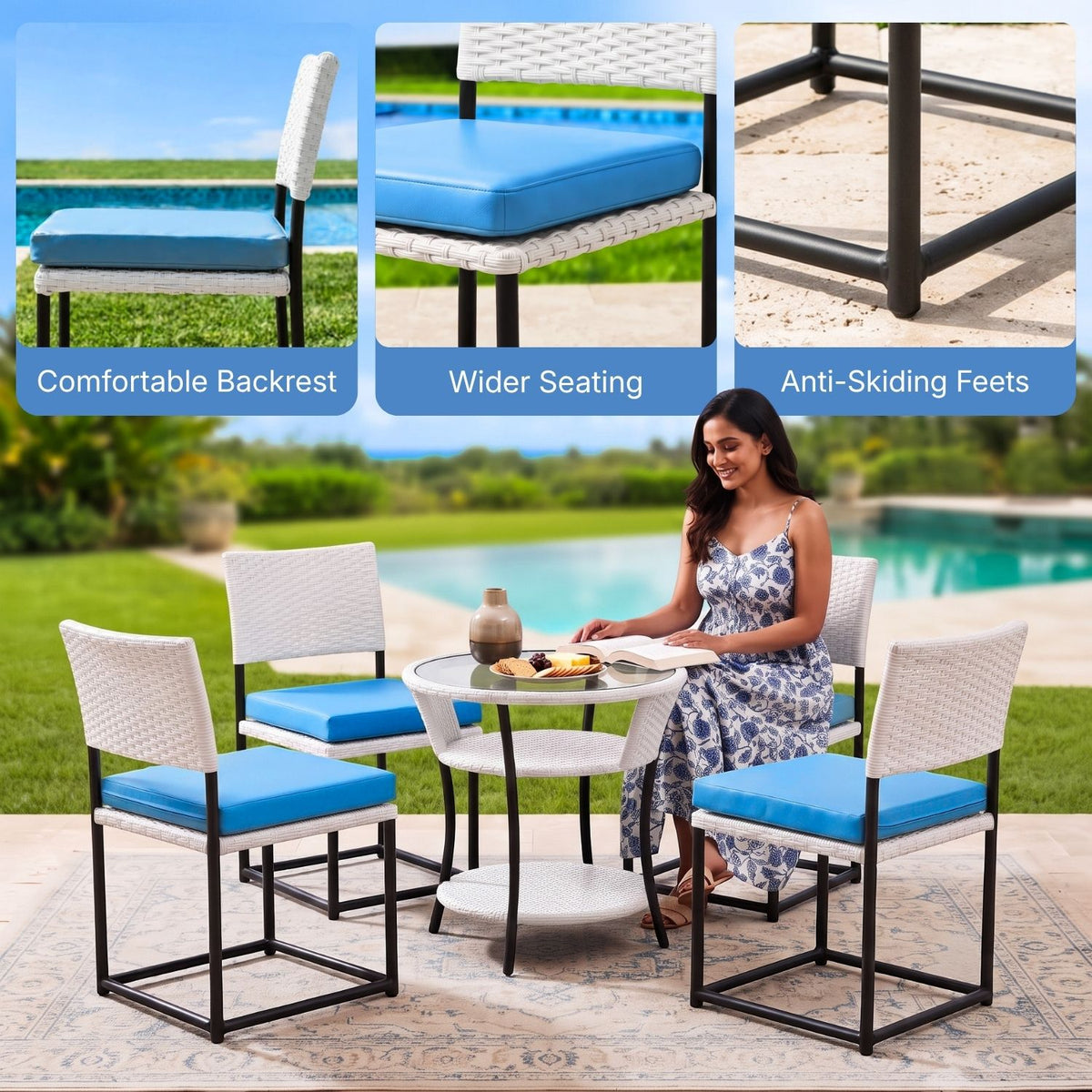 5-Piece Outdoor Wicker Patio Furniture Set (White & Sky-Blue)
