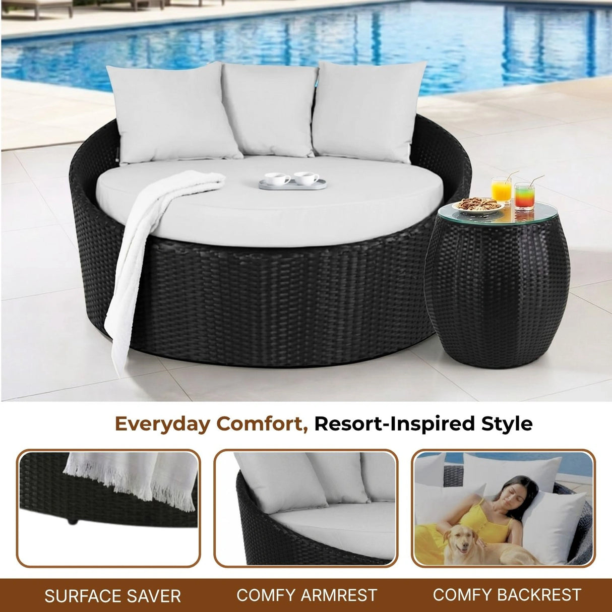 Outdoor Rattan Wicker Daybed with Glass Top Table