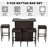 Outdoor Wicker 5-Piece Bar Set with Glass Top Table