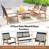 Outdoor Rope & Teak Wood 4-Piece Sofa Set (Black & White)