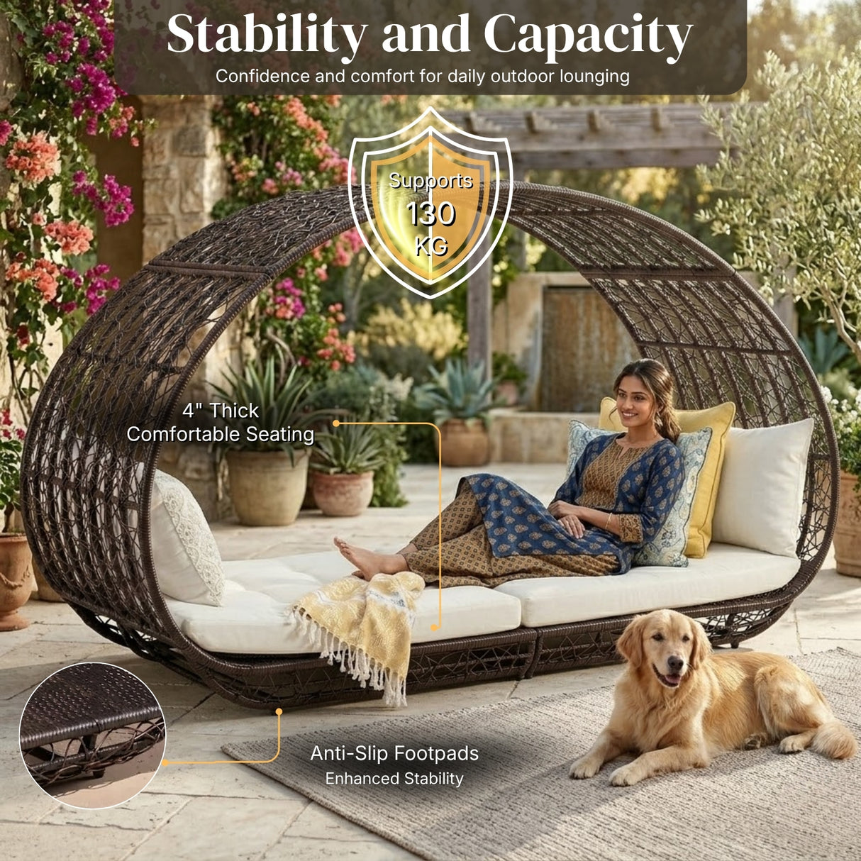 Outdoor Rattan Wicker Daybed with Oval-Shaped Canopy Frame (Dark Brown & Off-White)