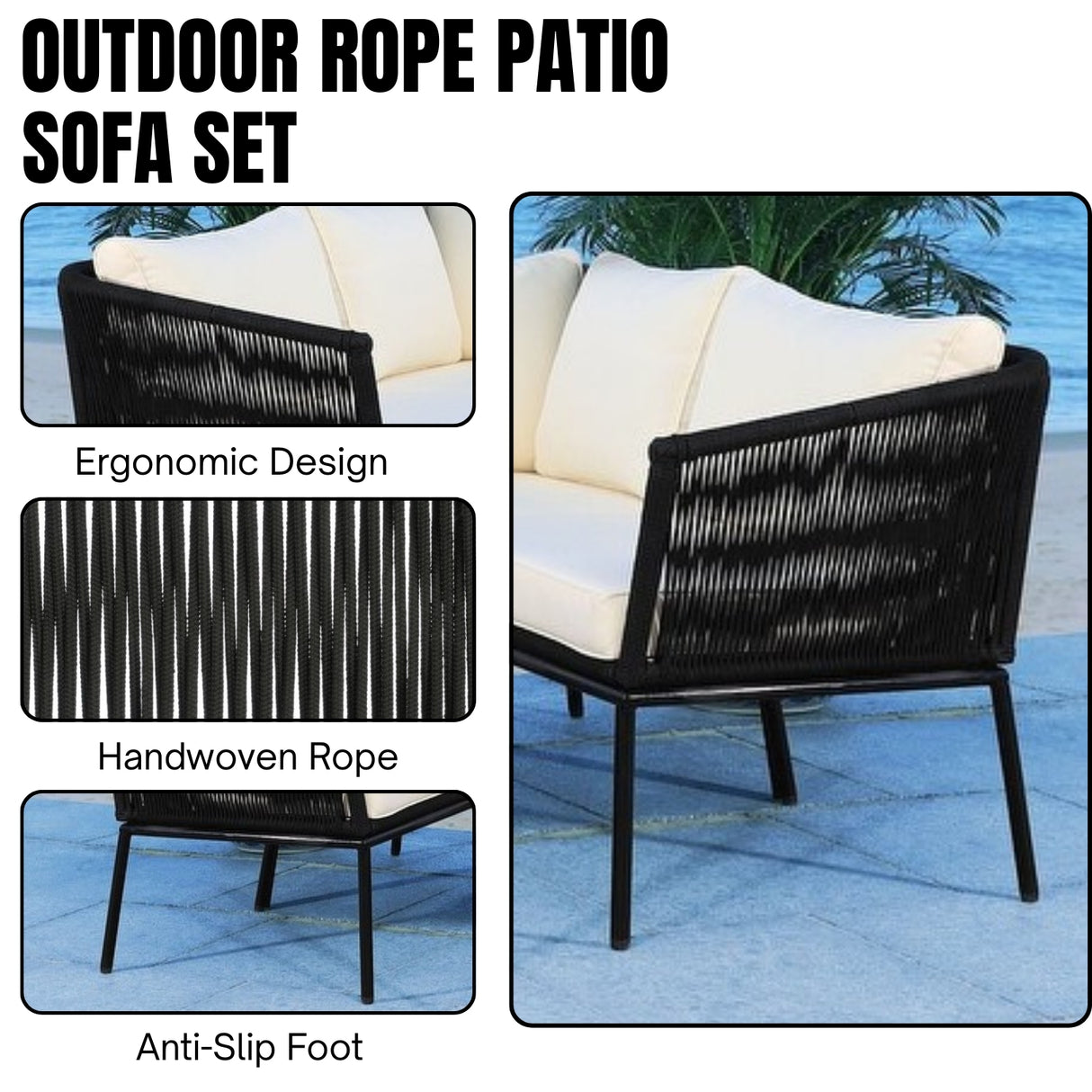 Outdoor Black Rope L-Shape All Weather Sectional Sofa Set