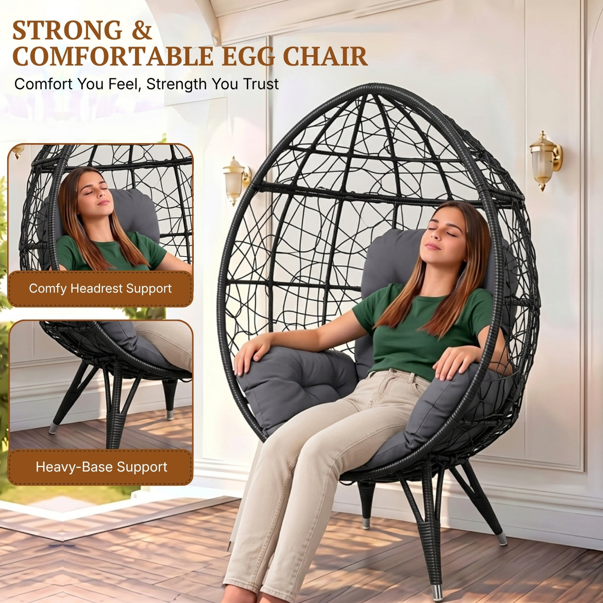 Outdoor Black Rattan Lounge Accent Egg Chair
