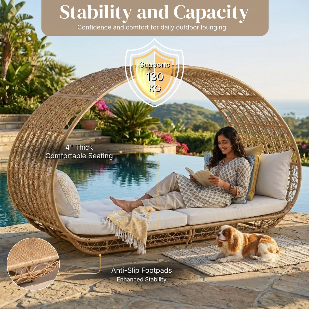 Outdoor Rattan Wicker Daybed with Oval-Shaped Canopy Frame (Beige & Off-White)