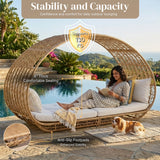 Outdoor Rattan Wicker Daybed with Oval-Shaped Canopy Frame (Beige & Off-White)