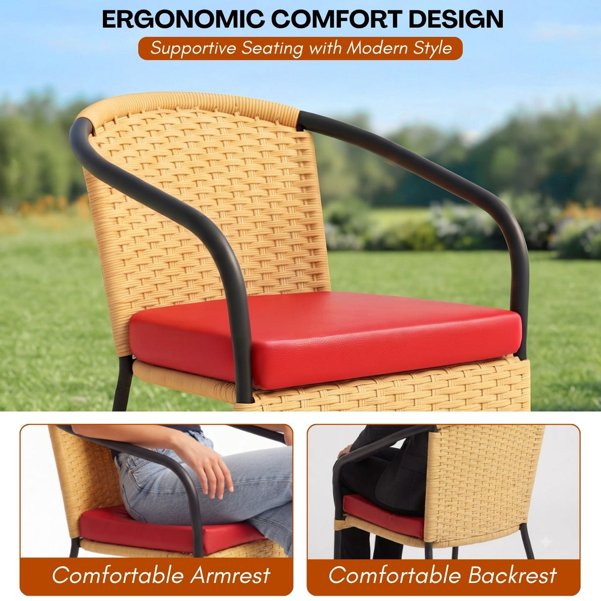 3 Piece Outdoor Wicker Patio Furniture Set (Beige & Red)