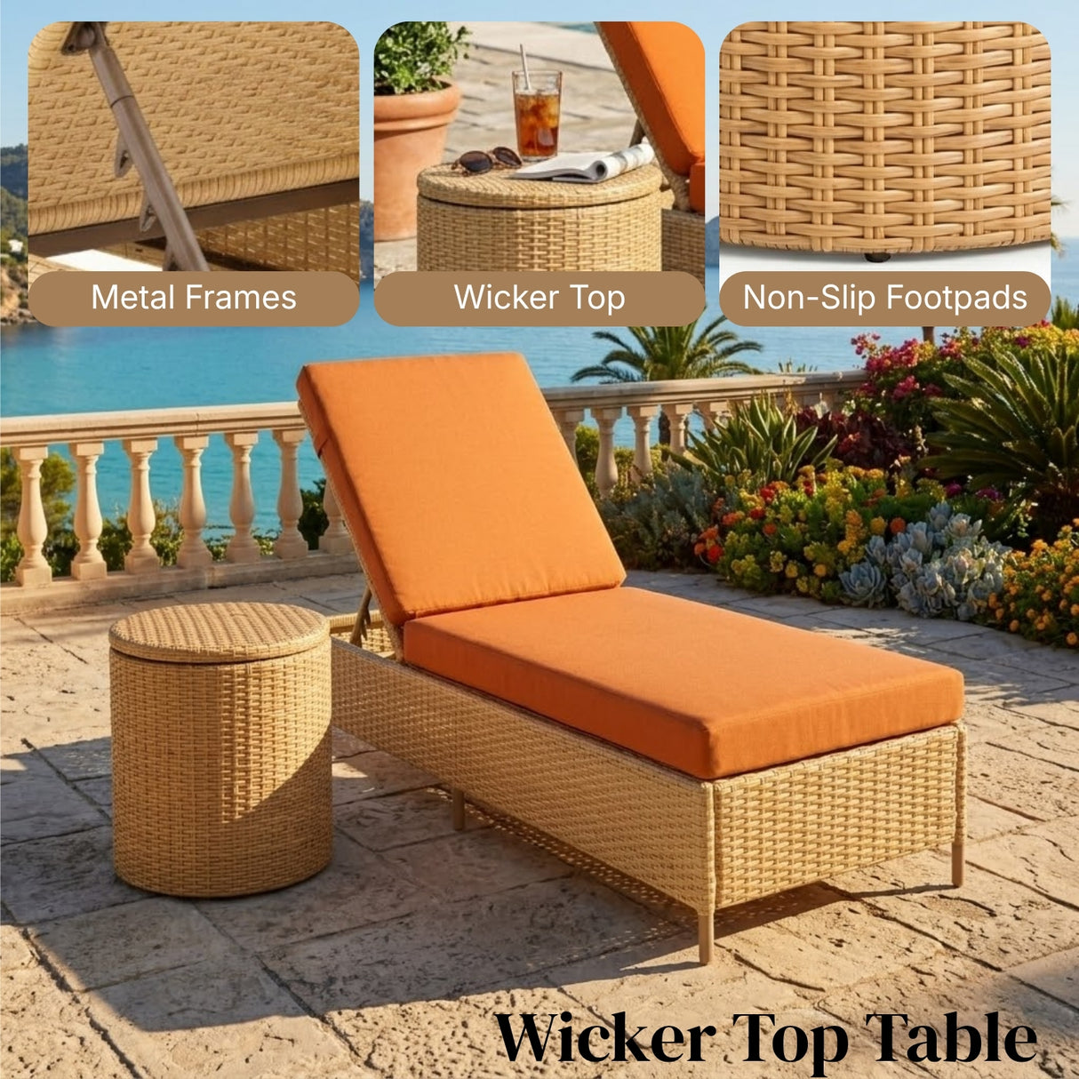 Outdoor Wicker Rattan Lounger Set of 2 with Patio Umbrella (Beige & Orange)