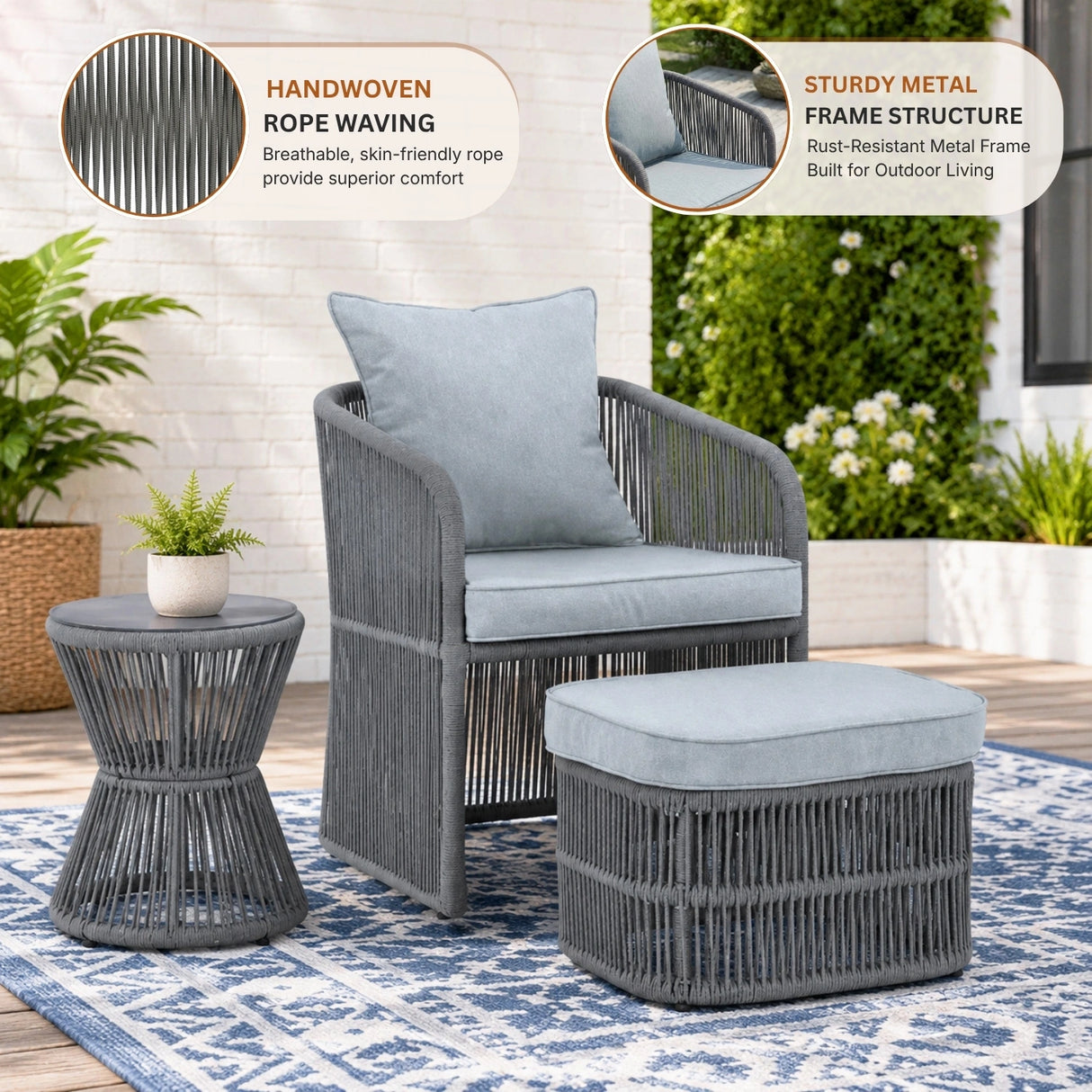 Outdoor 5 Piece Rope Patio Chair Ottoman Set (Grey)