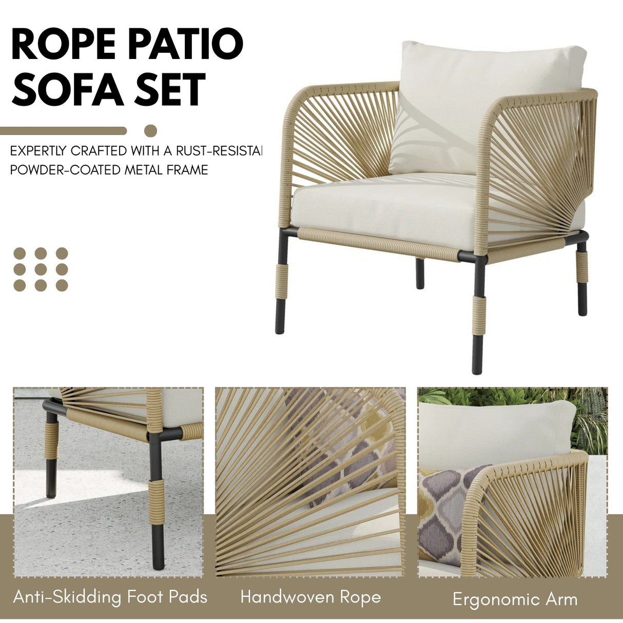 Outdoor Rope 5-Seater Sofa Set With Glass Top Table
