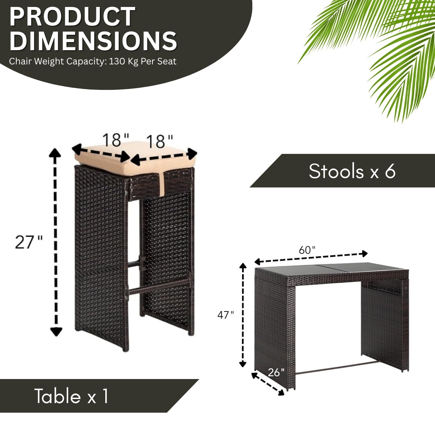 7-Piece Outdoor Rattan Wicker Bar Set with Glass Top Table