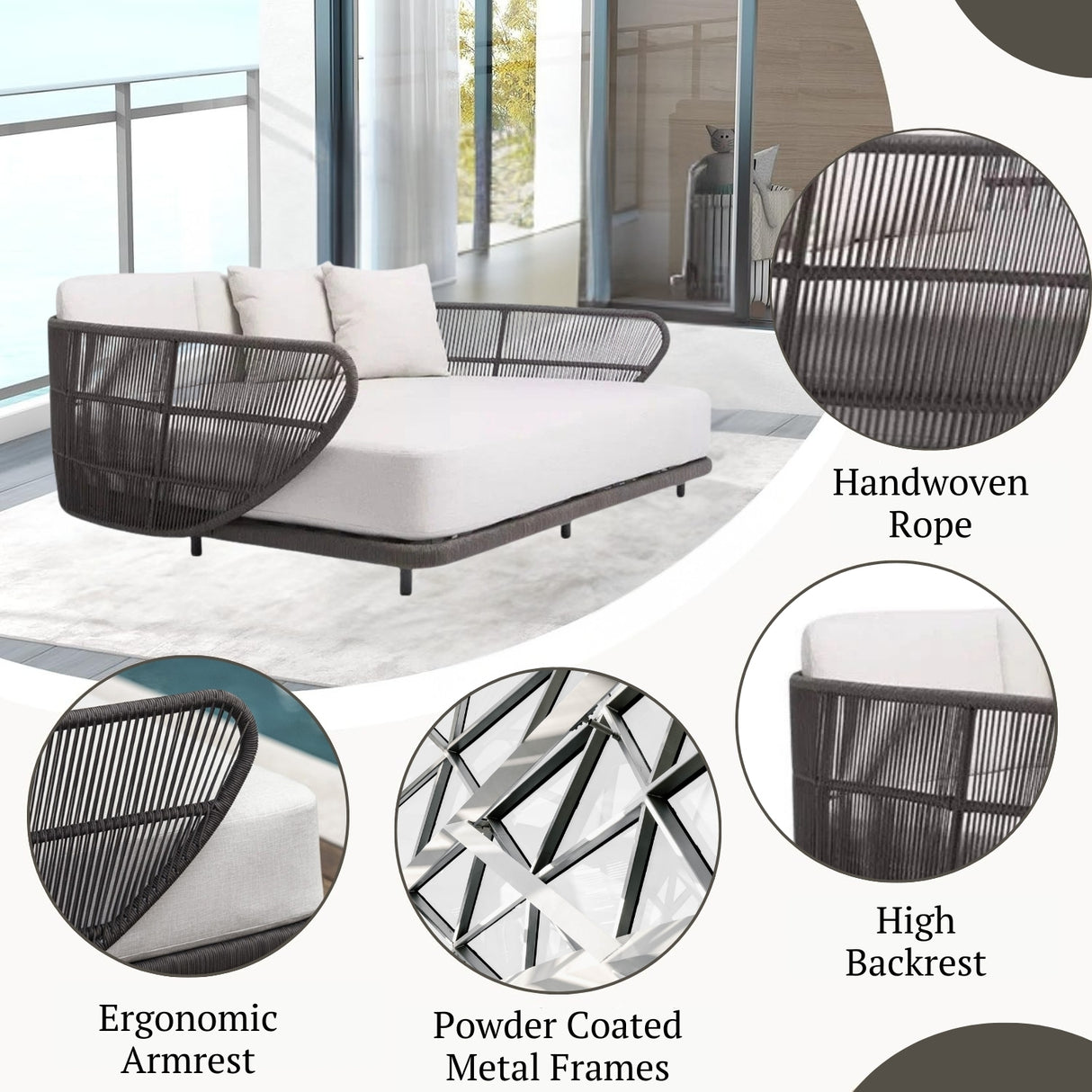 Outdoor Grey Rope Patio Daybed With Off-White Cushion