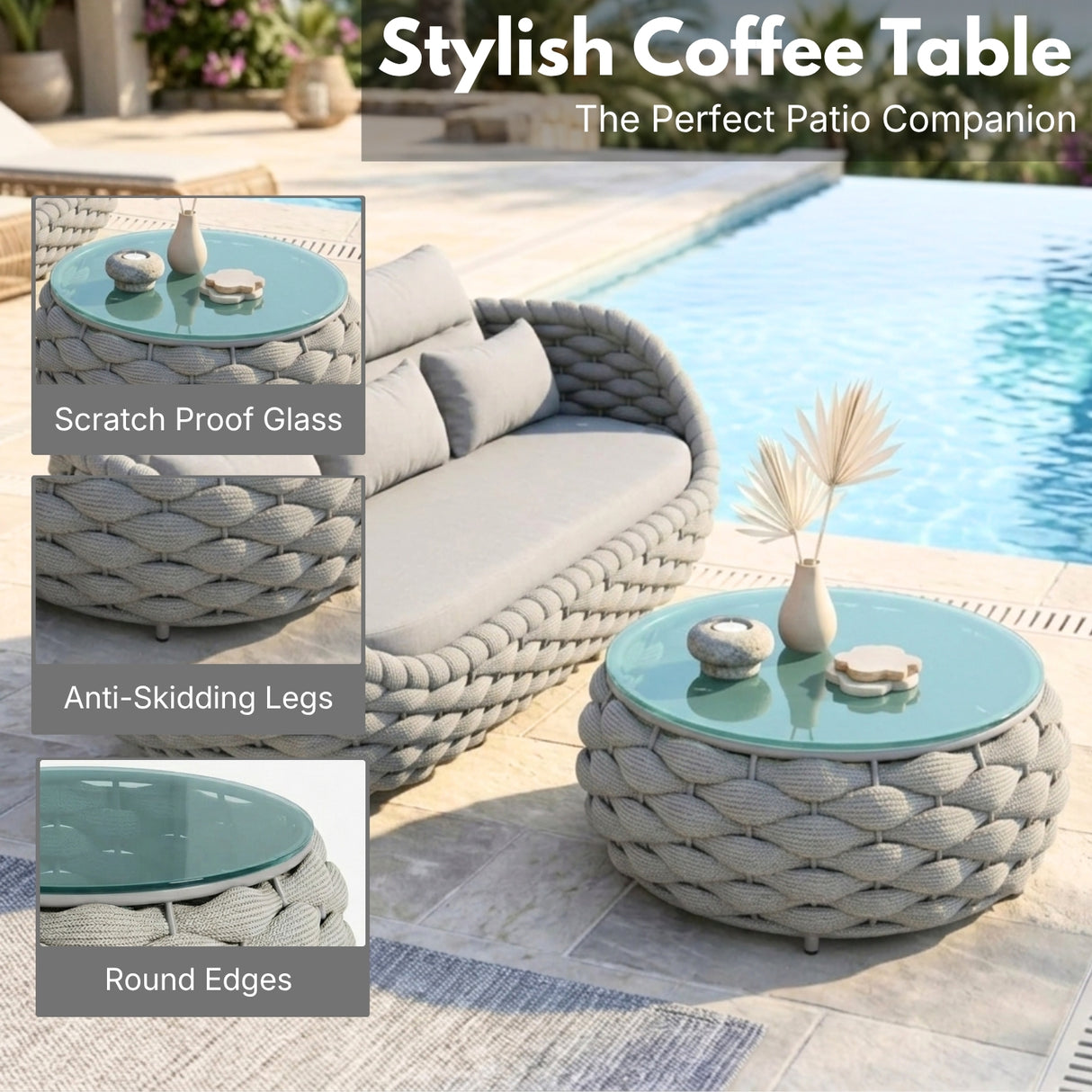 Outdoor Rope 5-Seater Sofa Set with Glass Top Center Table (Grey)