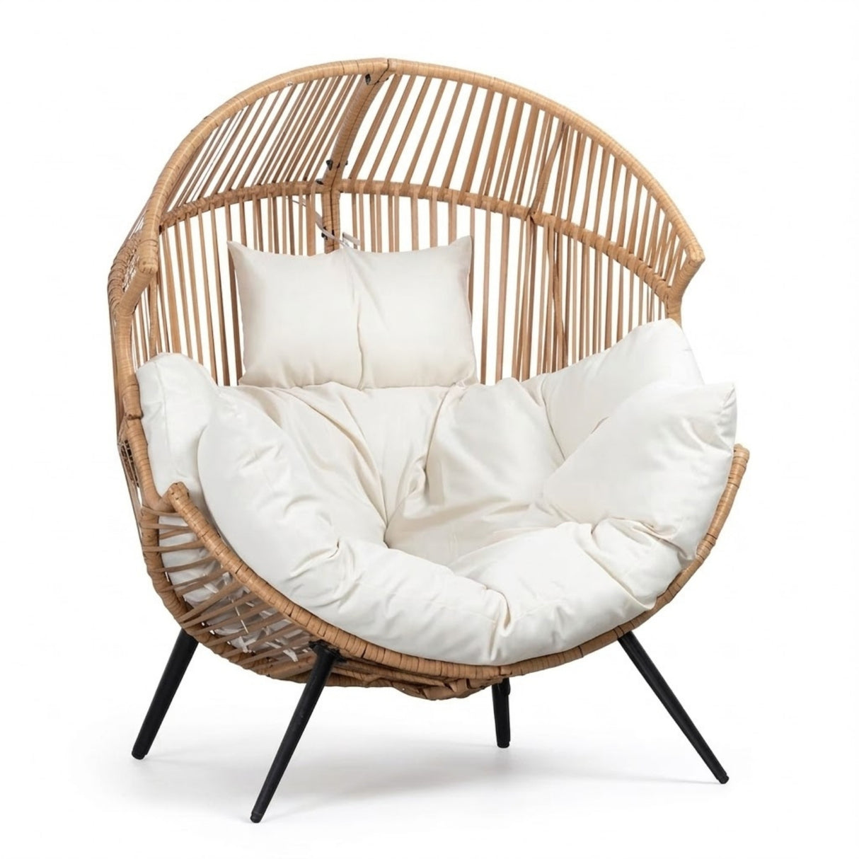 Outdoor Wicker Egg Chair with Plush Cushions (Beige & Off-White)