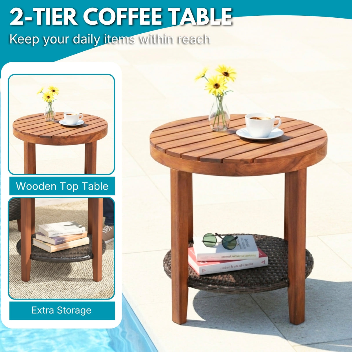 3-Piece Outdoor Wicker Patio Conversation Set (Dark Brown & Sky-Blue)