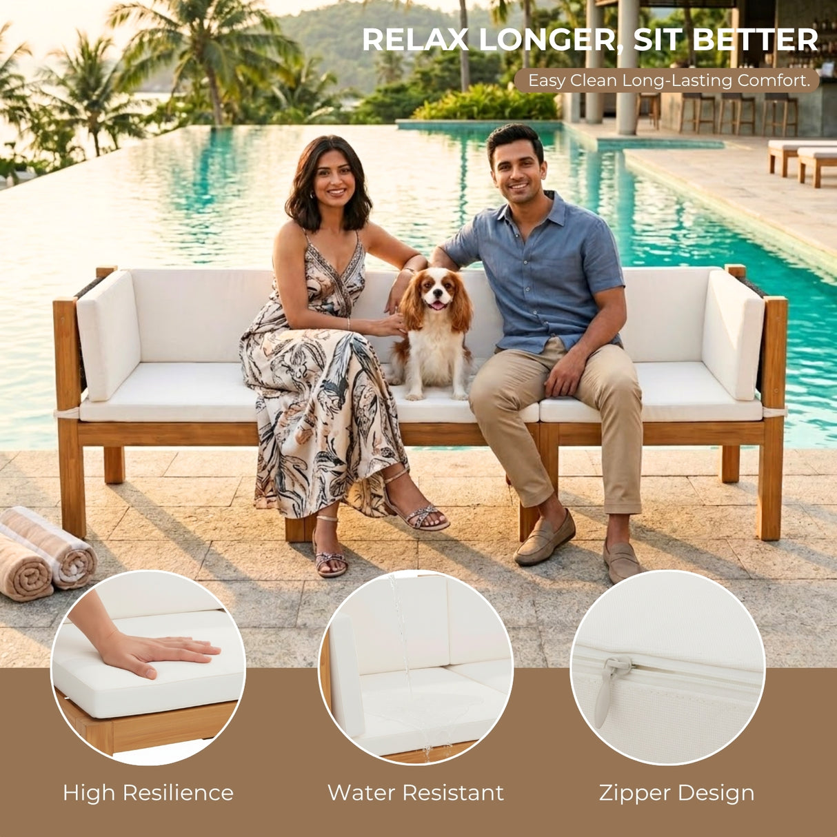 Outdoor Teak Wood & Rope L-Shape Sofa Set (Black & White)