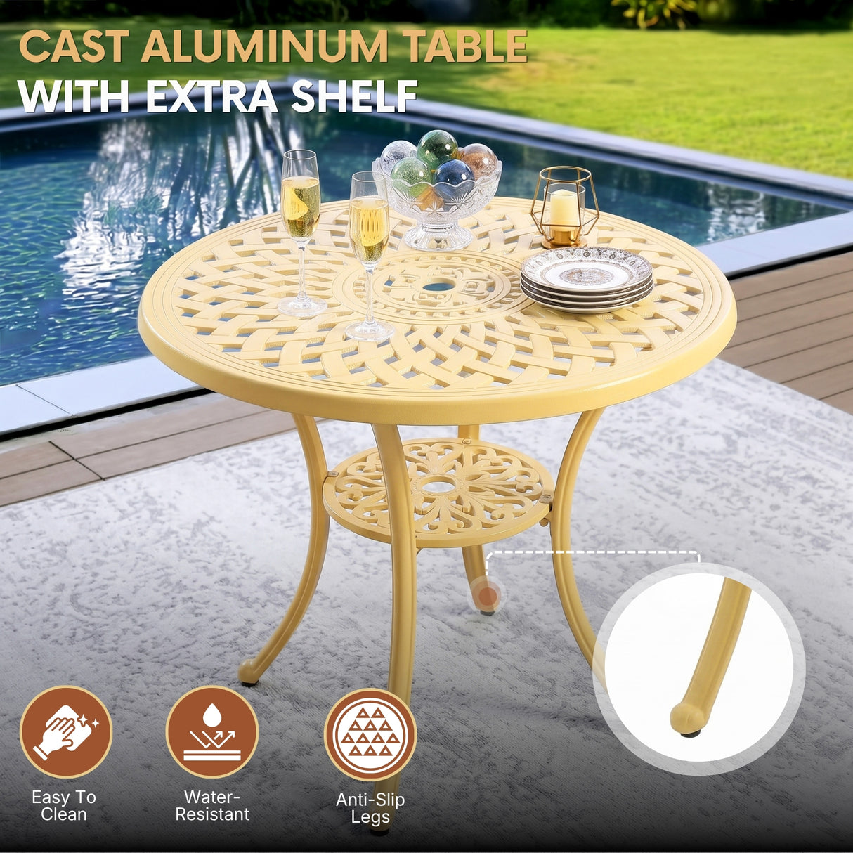 3-Seater Outdoor Cast Aluminum Bistro Set with Round Table (Beige)